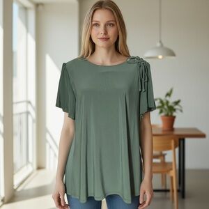 Woman's Olive Green Drapey Sheer Flouncy Sleeves Rivet Shoulder Tie Blouse Tunic